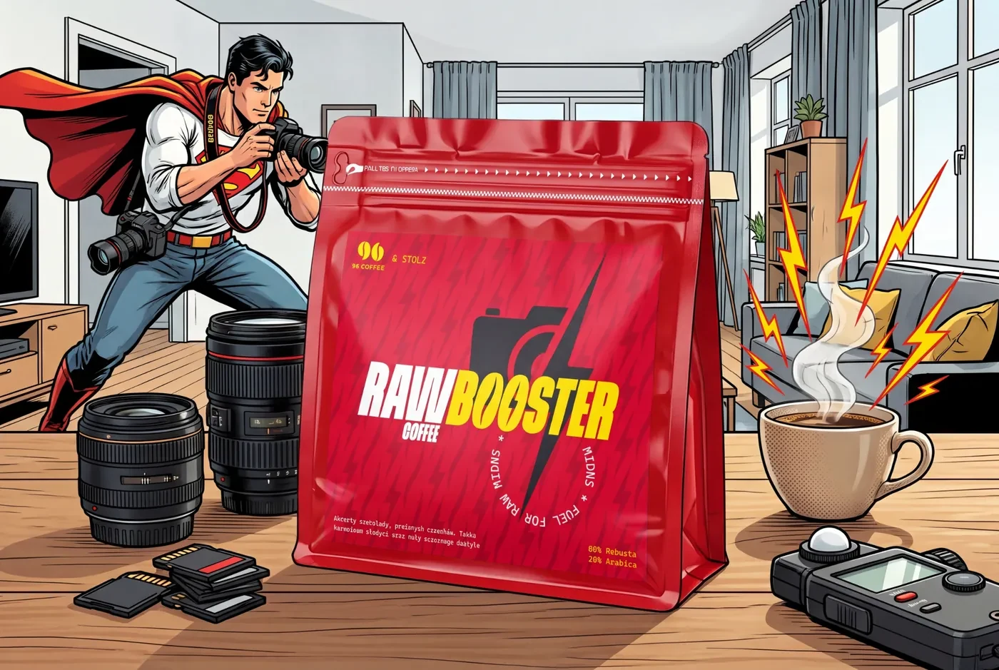 Superbohater z parującą kawą RAWBooster – kawa dla twórców w studio, w domu i na wyjeździe