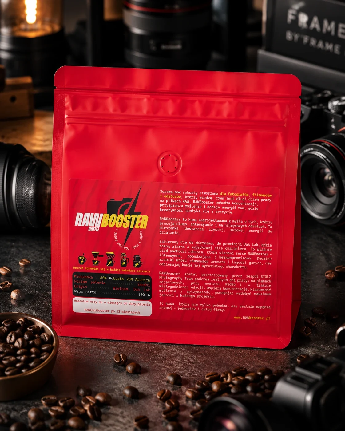 Tył opakowania kawy RAWBooster – skład: 80% Robusta, 20% Arabica