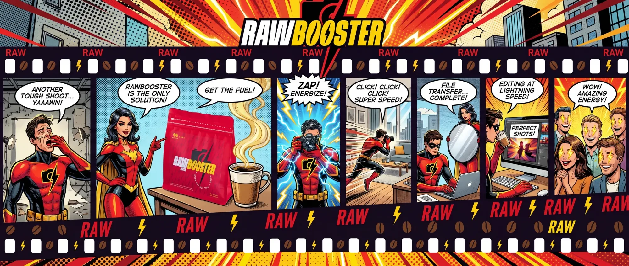 Komiks RAWBooster: zmęczony fotograf odzyskuje moc dzięki super kawie Robusta i błyskawicznie kończy sesję