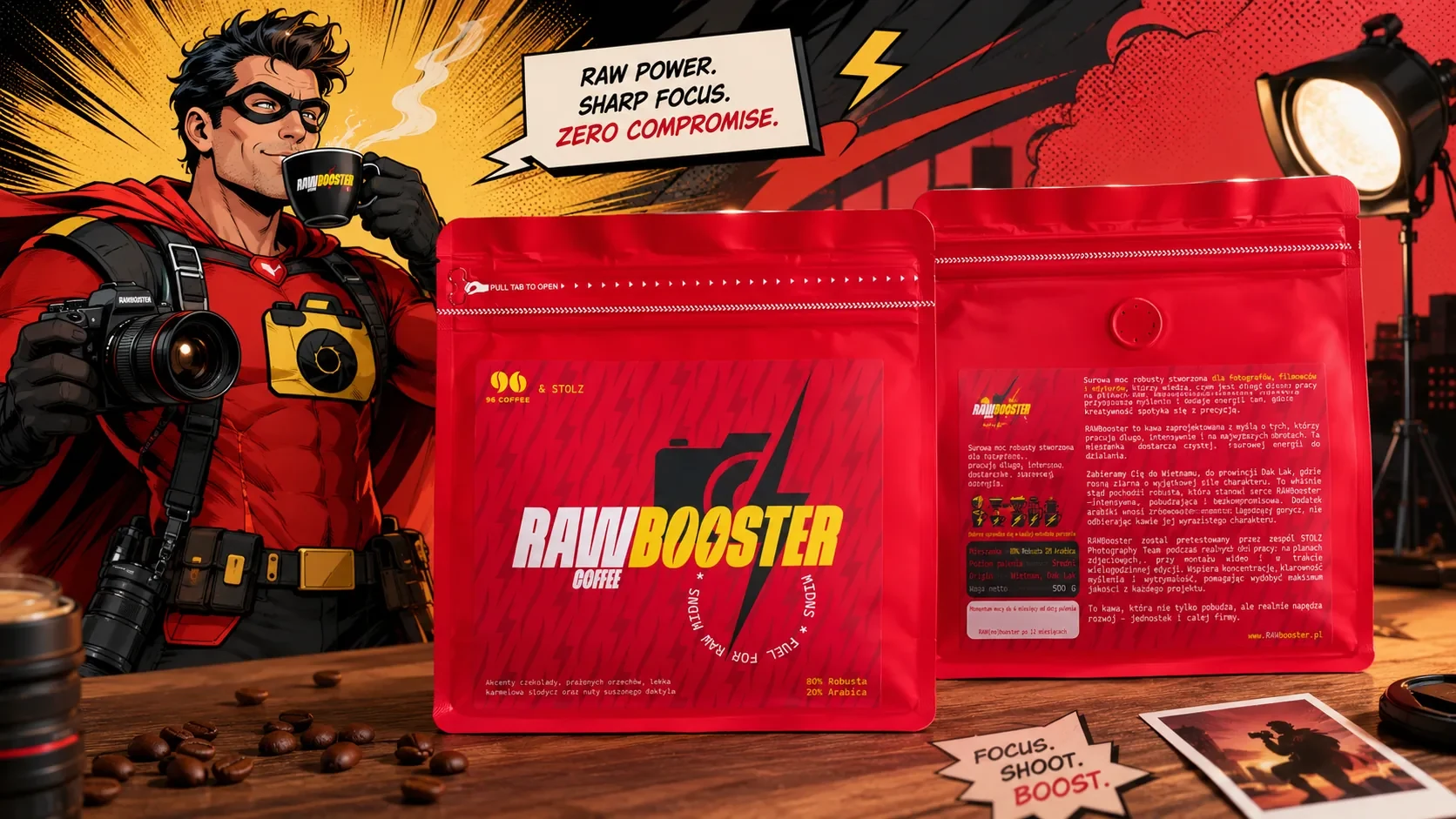 Komiksowy fotograf pije kawę RAWBooster – prezent dla fotografa i operatora